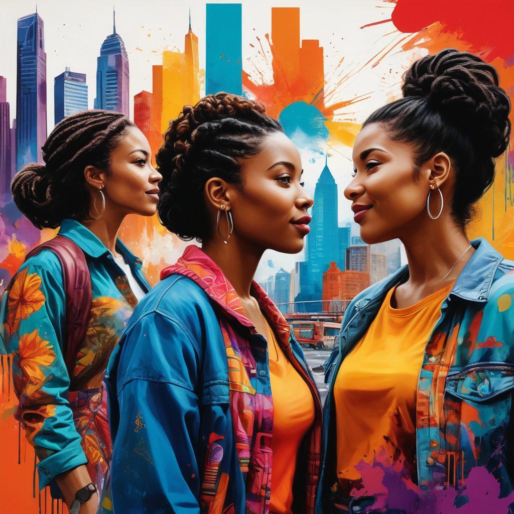 An abstract mural representing diverse communities interconnected through vibrant splashes of color, showcasing iconic cultural symbols and figures engaging in conversation. The background features a blend of cityscapes and natural landscapes, symbolizing unity in diversity. The overall feel should evoke warmth and inclusivity, inviting viewers into a dialogue of creativity. Bold brush strokes and energetic patterns should embody the essence of modern art. vibrant colors. super-realistic. 3D.