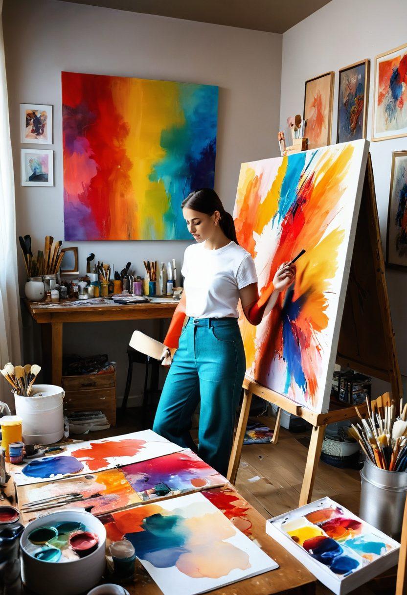 An abstract representation of a vibrant art studio filled with eclectic modern art pieces, showcasing the evolution of styles from classical to contemporary. Features an artist at work, blending colors on a canvas, surrounded by splashes of paint and canvases with diverse textures. Elements symbolizing creativity and expression like brushes, color palettes, and visual inspiration scattered around. Glow of natural light streaming in enhances the atmosphere of artistic exploration. super-realistic. vibrant colors. soft focus.