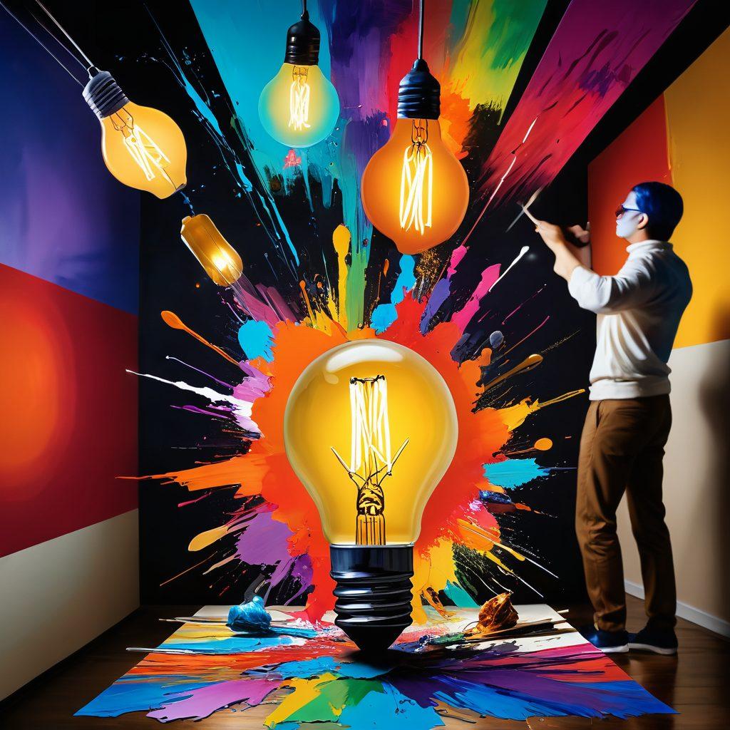 A collage showcasing a vibrant canvas filled with diverse brushstrokes, blending colors artistically, transitioning into bold and innovative ideas represented as light bulbs and abstract symbols. In the background, an artist in motion, surrounded by art materials, conveys an energetic atmosphere. The composition reflects the transformation of traditional artistry into modern concepts. super-realistic. vibrant colors. dynamic composition.